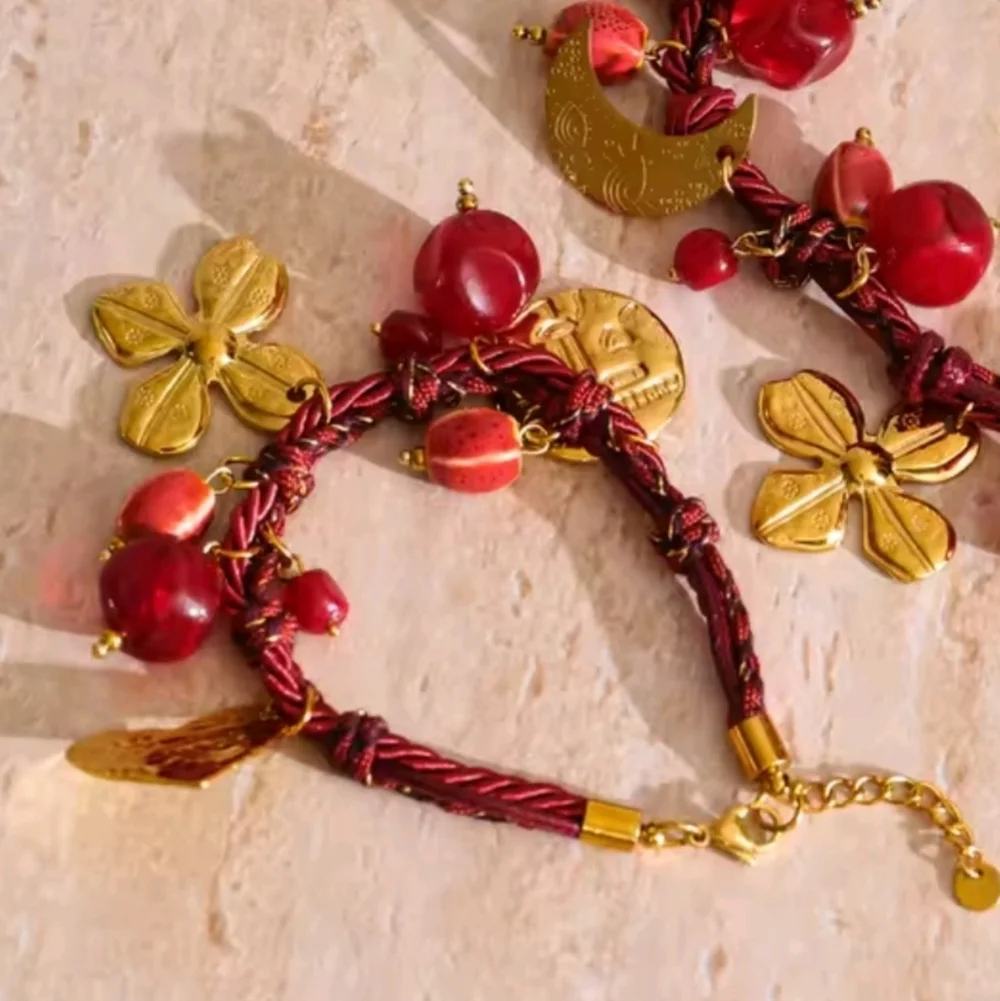 New 18k Gold Ss Desert Bloom Boho Charm Cord Necklace - Picture 2 of 10